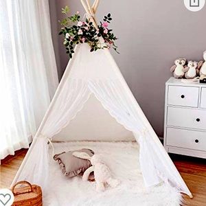 Kids teepee tent white lace with fake flowers